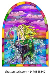 Cartoon stained glass window. Beautiful sad mermaid is sitting on a stone.