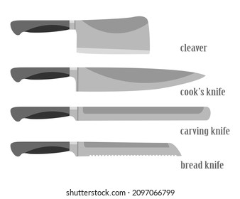 Cartoon stainless kitchen knives set cleaver, cook knife, carving knife, bread knife. Utensils tools cooking isolated on white background, flat vector illustration. Kitchen household icons elements