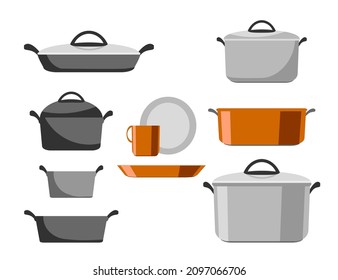 Cartoon stainless and non-stick cookware set, pots, pans, saucepans and utensils tools cooking isolated on white background, vector illustration. Kitchen icons objects elements for boiling and frying