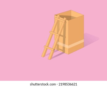 
Cartoon stairs leading to cardboard box hole. 3D vector of box