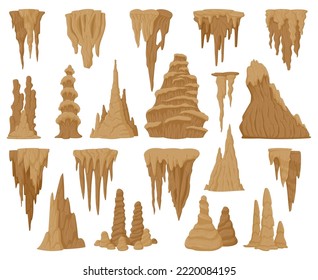 Cartoon stalactites and stalagmites, cave limestone rocks. Natural growth geology formations, mineral stalagmite and stalagnate columns flat vector illustration collection. Limestone formation set