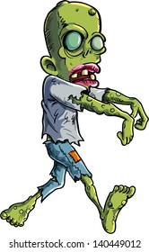 Cartoon stalking zombie writ ripped clothes. Isolated on white