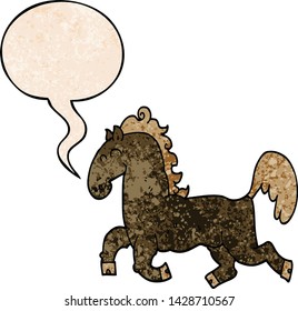 cartoon stallion with speech bubble in retro texture style