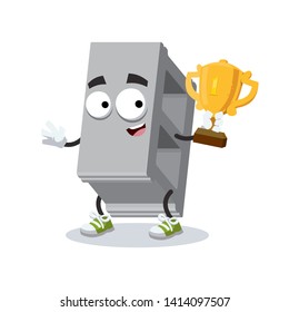 cartoon standard concrete building block mascot holds the number one cup on white background