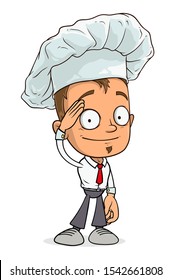 Cartoon standing chef cook boy character in uniform and hat with army hello gesture. Layered vector for animations. Isolated on white background. Vector icon.