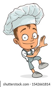 Cartoon standing chef cook boy character in uniform and hat. Layered vector for animations. Isolated on white background. Vector icon.