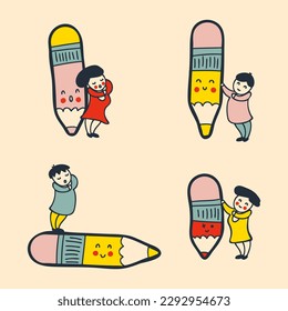 Cartoon standing people with a giant pencils collection. Drawing, writing, creating, design, blogging concept. Hand drawn vector illustration.
