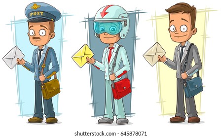 Cartoon standing postman with letter and bag character vector set
