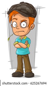 Cartoon standing redhead bad boy in black cap with bruise vector illustration