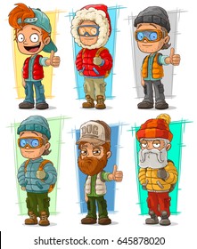 Cartoon standing tourist and traveler with backpack characters vector set