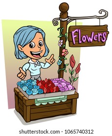 Cartoon standing white cute flat girl character selling flowers at wooden candy shop or market. Vector icon for game.