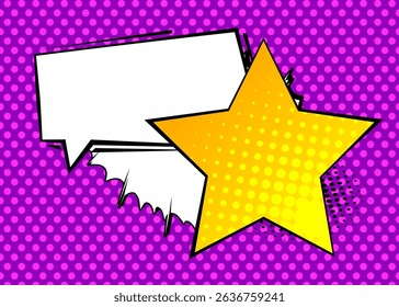 Cartoon Star with blank speech bubble, comic book background. Retro vector comics pop art design.