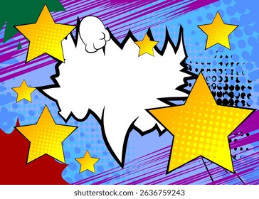 Cartoon Star with blank speech bubble, comic book background. Retro vector comics pop art design.