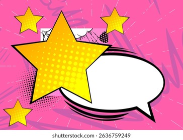 Cartoon Star with blank speech bubble, comic book background. Retro vector comics pop art design.