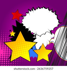 Cartoon Star with blank speech bubble, comic book background. Retro vector comics pop art design.
