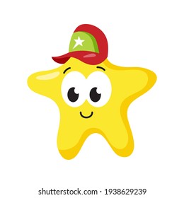 Estrella de caricatura con un gorro en la cabeza, cerca. Ilustración plana vectorial.