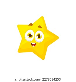 Cartoon star character with cheerful expression, yellow star shaped body, smiling playful face and pointy rays. Cute vector personage for kids book or game with expressive eyes and funny appearance