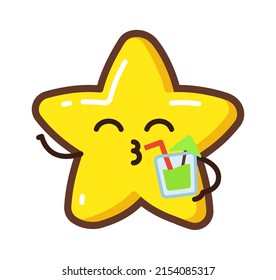 Cartoon star character with a cocktail. Vector illustration