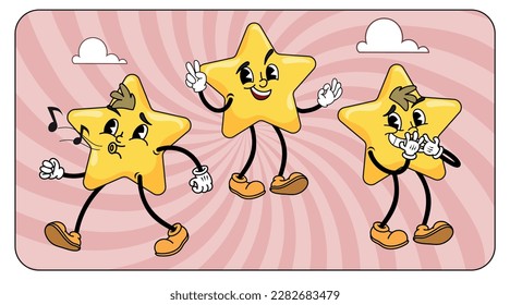 Cartoon star characters set. Cheerful retro vintage mascots on groovy background. Vector illustrations collection.