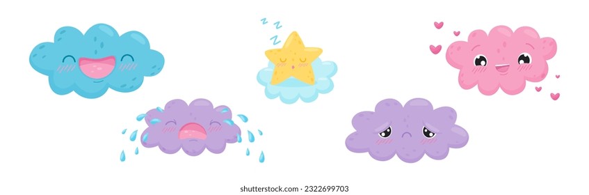 Cartoon Star and Cloud with Different Facial Expression Vector Set