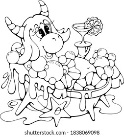 Cartoon Star Cow in the bath with a cocktail, black and white isolated vector doodle stock illustration, print for coloring, books, greeting / invitation card, t-shirt, fabric, logo, website or apps