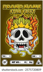 Cartoon Star Fruit on Skull Head Smoking And Burning Fire Backgrounds. For Product Packaging Cover. Vectors Illustrations