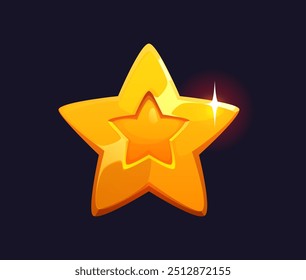 Cartoon star golden award. Isolated vector game asset, level up rank or trophy. Bright and shiny gold star with reflective surface and glowing points, symbol of achievement, win, prize and excellence