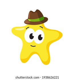 Cartoon star with a hat on his head, close-up. Vector flat illustration.