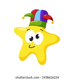 Cartoon star with a jester cap on his head close-up. Vector flat illustration.