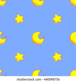 Cartoon star moon sketch ink line art seamless pattern vector