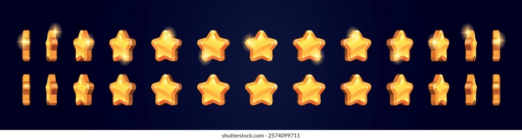 Cartoon star rotation. Animated gold stars turning around sequence frame, medal rotate effect arcade casino video gaming score sprite sheet ui element, swanky vector illustration original artwork