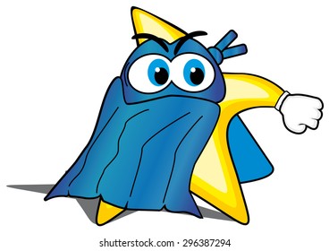 cartoon star with smiley face in a superhero cape and mask