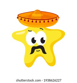 Cartoon star with a sombrero on his head, close-up. Vector flat illustration.