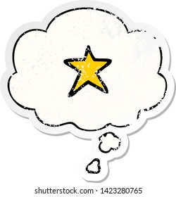 símbolo de estrella de caricatura con burbuja de pensamiento como pegatina gastada angustiada