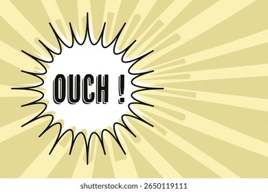 Cartoon starburst background with "OUCH!" text, sun burst, and halftone yellow background for text. Vector illustration.