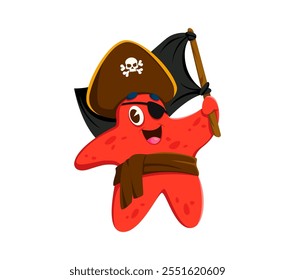 Cartoon starfish animal pirate or corsair character. Isolated vector underwater rover sporting tricorn hat and playful expression, happily holding black flag. Personage for children stories or games