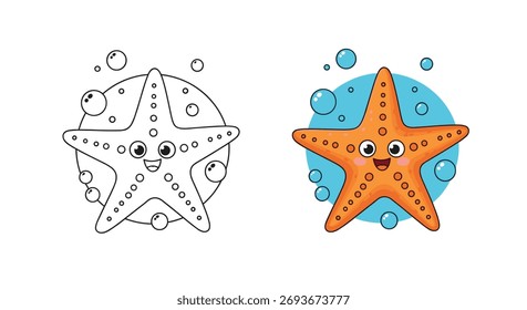 Estrella de mar de dibujos animados con burbujas en el océano, una linda ilustración.