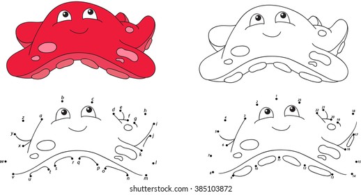 Cartoon starfish. Coloring book and dot to dot educational game for kids