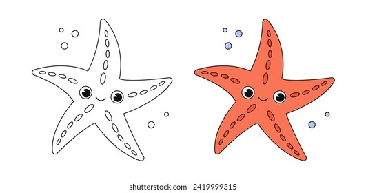 Cartoon starfish coloring book page with colorful template. Cute starfish colorig book. Underwater ocean life, marine animal. Funny starfish isolated contour. Kids animals coloring book page. Vector