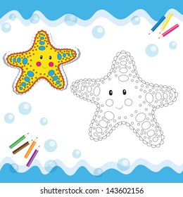 Cartoon starfish isolated on white. Coloring book. Vector illustration.