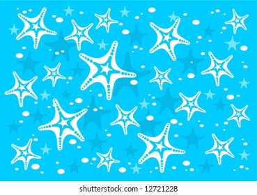 Cartoon starfish and sea stones on a blue background.