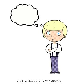 cartoon staring boy with folded arms with thought bubble