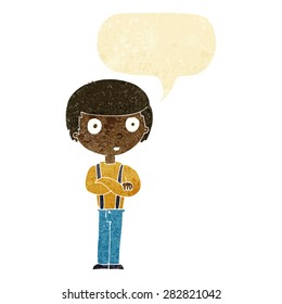 cartoon staring boy with folded arms with speech bubble