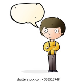 cartoon staring boy with folded arms with speech bubble
