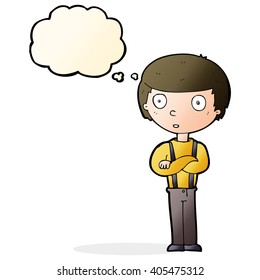 cartoon staring boy with folded arms with thought bubble