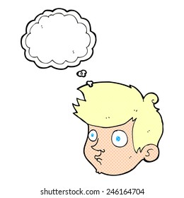 cartoon staring boy with thought bubble