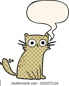 cartoon staring cat with speech bubble in comic book style