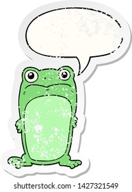 cartoon staring frog with speech bubble distressed distressed old sticker
