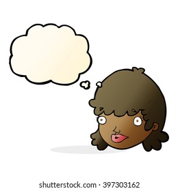 cartoon staring girl with thought bubble