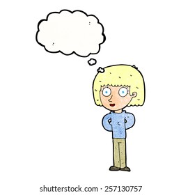cartoon staring woman with thought bubble